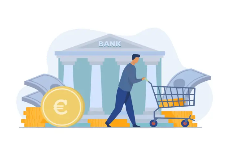 Bank mit Mann und Geld Bank mit Mann und Geld
